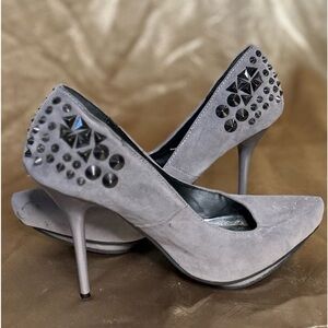 Grey studded suede heels
